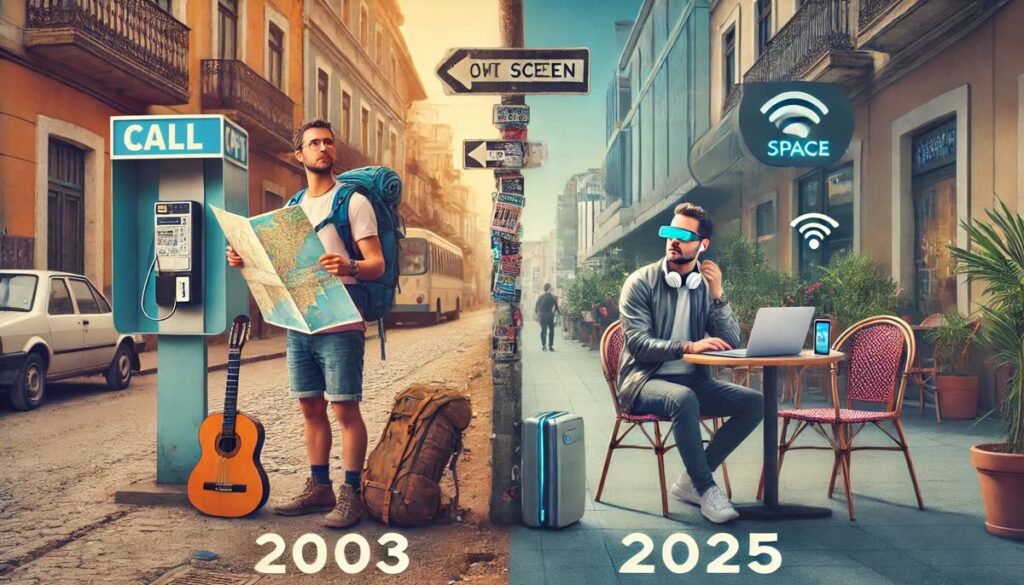 A digital nomad history. A payphone and rucksack in 2003 and a suitcase on wheel and WIFI in 2025