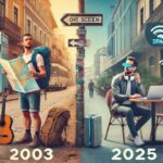 A digital nomad history. A payphone and rucksack in 2003 and a suitcase on wheel and WIFI in 2025